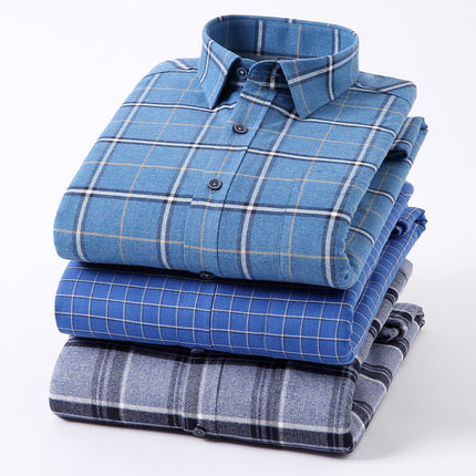 24 Winter Pure Cotton Brushed Plaid Warm Shirt Fleece-Lined Thickeneded Winter Shirt Light Business Square Collar Long-Sleeved Shirt