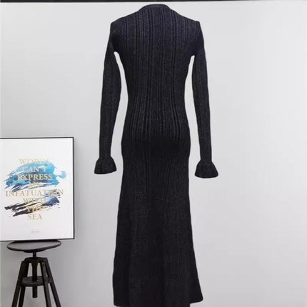 Cross-Border European and American Autumn and Winter New Style French Socialite Light Luxury Fine Glitter V-Neck Long-Sleeve Waist-Cinching Slimming Knit Dress
