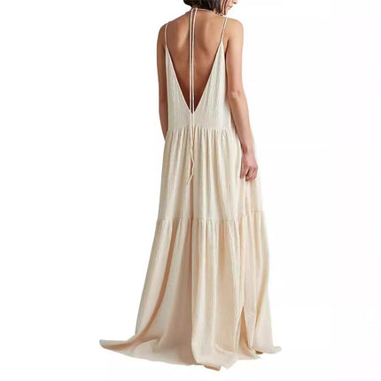 2024 Women's Loose Solid Color Pleated Irregular dress Beach Strap Long Dress
