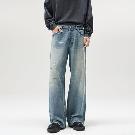 JIAMU Retro American Style High Street Baggy Style Unisex Wide Leg Dirty Spray Ink Old Design Jeans