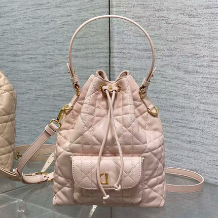 D's Caro Bucket Bag Micro Lambskin Fortune Bucket Rattan Pattern Soft Genuine Leather Women's Bag Fashionable Women's School Bag