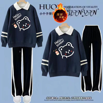 Junior high school students polo collar fleece-lined padded sweater suit autumn and winter girls fashionable sports two-piece set batch