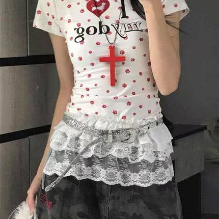 [40-Count Imitation Cotton Rib 1×1] American Retro Dog Paw All-Print T-Shirt Women's Summer Sexy Short Top