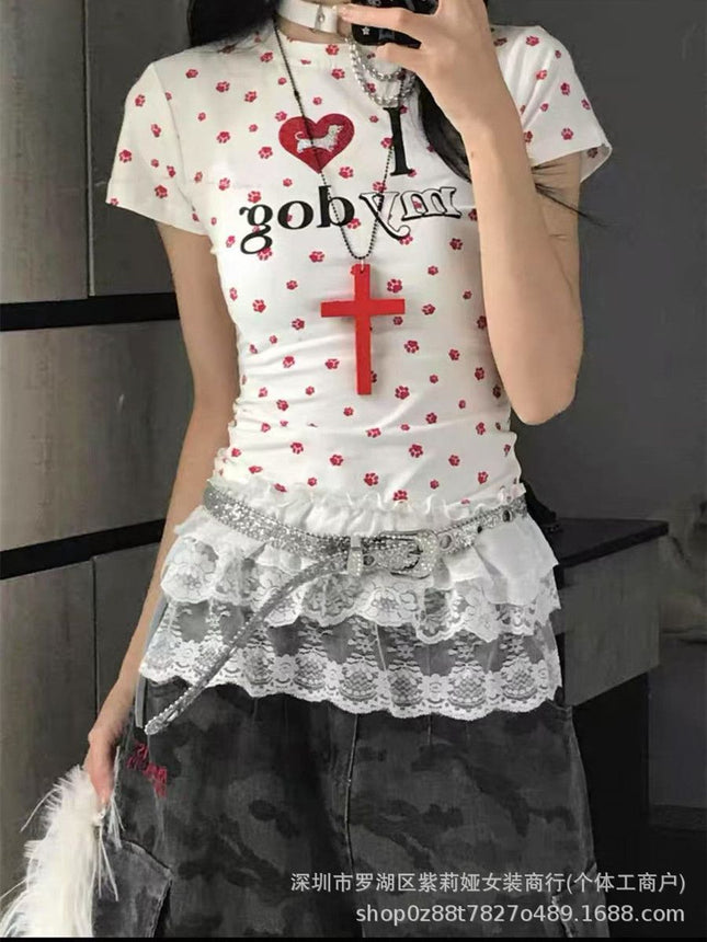 [40-Count Imitation Cotton Rib 1×1] American Retro Dog Paw All-Print T-Shirt Women's Summer Sexy Short Top