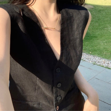 Spring 25-year-old Joker-style Horse Clip Flax Cotton V-neck Vest