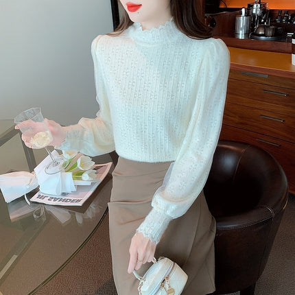 Half-turtleneck Thickened Brushed Base Shirt Women's Autumn and Winter New Styliky Inner Slimming Bubble Long-sleeved fleece-lined Lace Shirt