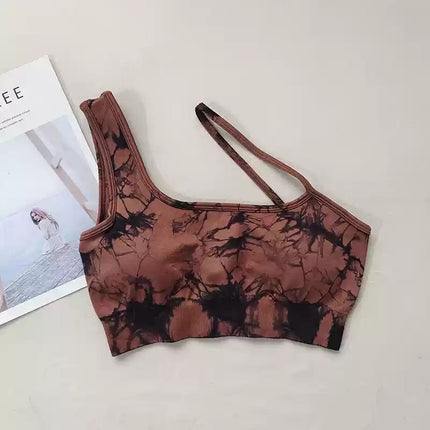 Seamless Fitness Suit High-Waisted Tie-Dye Women's Tight Peach Butt-Lifting Shorts European and American Quick-Drying One-Shoulder Bra Two-Piece Set