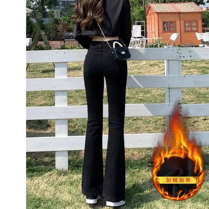 fleece-lined Thickened Black Micro-flare Jeans Women's Autumn and Winter Trendy All-match New High Waist Slimming Horn Pants