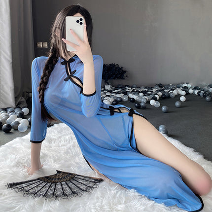 Sexy Perspective Side Fork Long Dress Uniform Republic of China Style Sexy Cheongsam Nightdress Sexy Underwear 2100