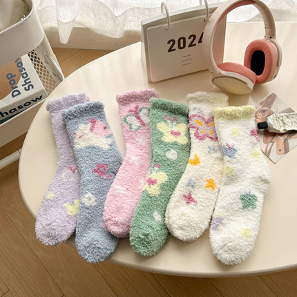 Autumn and Winter Coral Fleece Socks Women's Hair-free Flower Butterfly Floor Socks Thickened Warm Home Sleep Socks