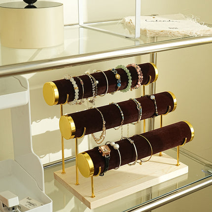 Golden Three-layer Jewelry Display Rack Bracelet Rack Iron Jewelry Props Stepped Wooden Base Bracelet Stand Stall