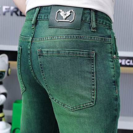 European Station High-end Light Luxury Trendy Brand European Fashion Emerald Green Jeans Men's Slim-fit Mid-waist Small Straight Long Pants