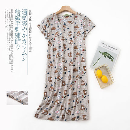 2025 European and American Amazon Spring and Summer New Short-Sleeved Cartoon Printed Nightgown Home Wear Women's Casual Style Dress