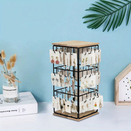 Cross-border Detachable Desktop Four-sided Square Jewelry Rack Wrought Iron Wooden Base Jewelry Earrings Earrings Display Storage Rack