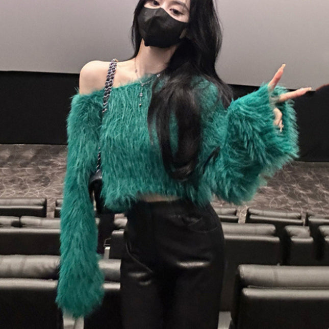 Design Sense Shoulder Imitation Mink Cashmere Sweater Women's Autumn and Winter New Soft Waxy Green Fluffy Knitted Sweater Long Sleeve Short Top