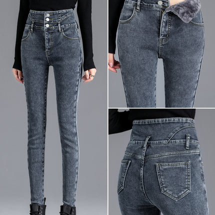Super High Waist Jeans Women's Skinny 2024 Autumn and Winter New Fashionable fleece-lined Thickened Slimming Tall Pencil Pants