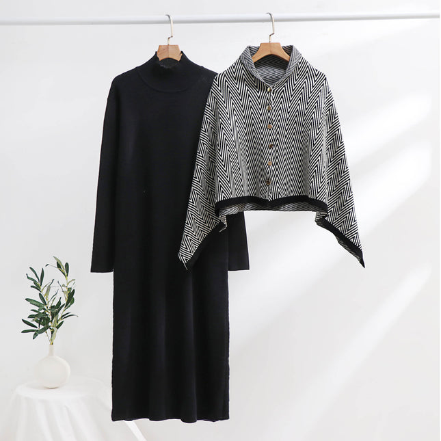 Cross-Border Women's Fashion Elegant Long-Sleeved Dress Autumn and Winter Set Women's Knitted Long Skirt Slimming Shawl Two-Piece Set