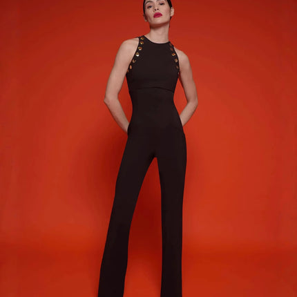 European and American foreign trade high-end boutique women's jumpsuit sleeveless high waist round neck slim figure flared pants