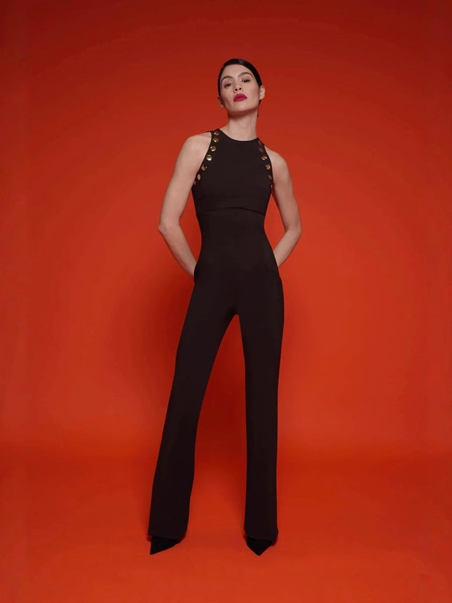 European and American foreign trade high-end boutique women's jumpsuit sleeveless high waist round neck slim figure flared pants