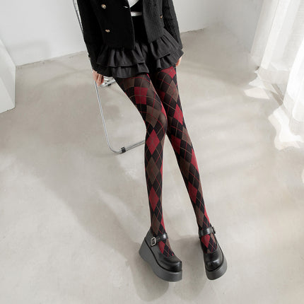 Diamond Plaid Leg Socks Slim Retro Leggings Stocking Dark Green Red Sexy Thigh Socks Pantyhose Stockings