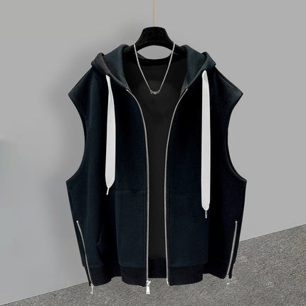Hong Kong-style hooded vest men's outerwear handsome trend handsome zipper slit design sense sleeveless vest loose all-match