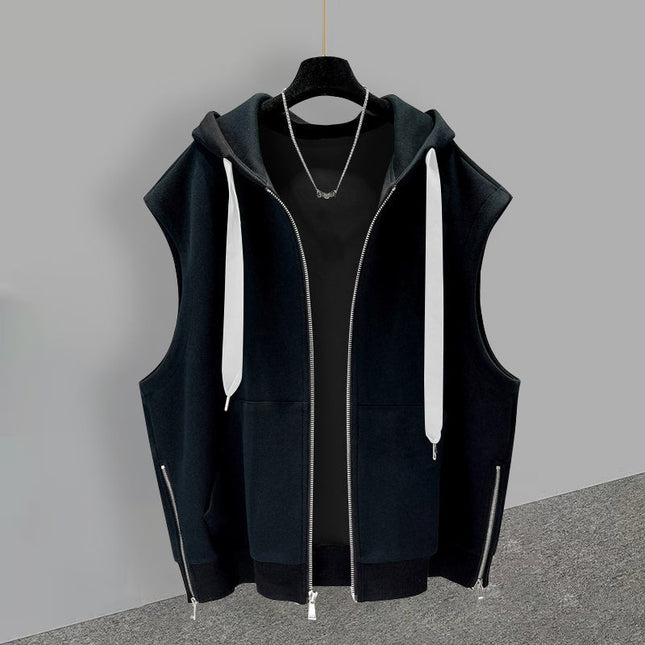 Hong Kong-style hooded vest men's outerwear handsome trend handsome zipper slit design sense sleeveless vest loose all-match
