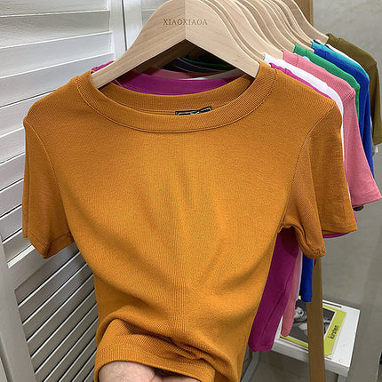 European New plus size Solid Color Loose Elastic Thread Short-sleeved T-shirt Women's Base Shirt Top Fashionable Green Shirt