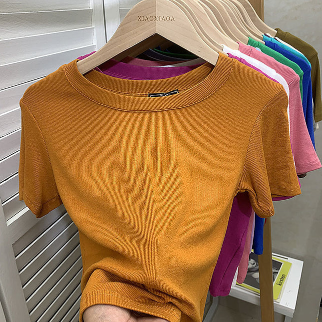 European New plus size Solid Color Loose Elastic Thread Short-sleeved T-shirt Women's Base Shirt Top Fashionable Green Shirt