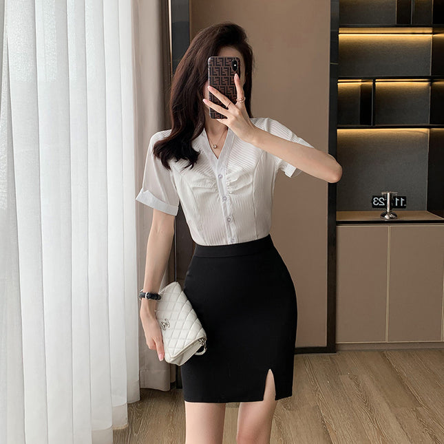 Summer New Business Wear Women's Suit Fashion Elegant Short-sleeved Shirt Dress Dress Jewelry Store Front Desk Work Clothes
