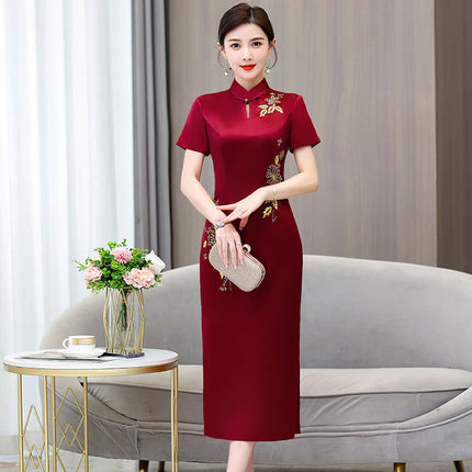 Acetic Acid Satin Embroidered Cheongsam Dress Happy Mother Wedding Dress dress wine red Fashion Young Slim Dress
