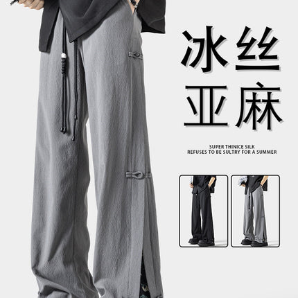 wasuup Chinese Style Ice Silk Micro-La Casual Trousers Men's Summer New Style Thin Guofeng Button Straight Pants for Summer
