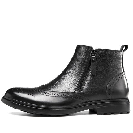 Men's Shoes Business Leather Boots Dress Brock Boots Autumn and Winter High Top Zipper Carved Genuine Leather Casual Men's Boots