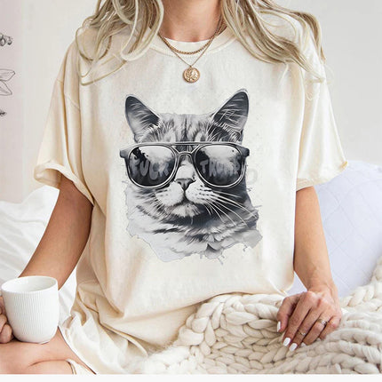 Fun Printed Cat New Pullover Cross-Border Casual Round Neck Top Women's Summer Loose Sports Short Sleeves