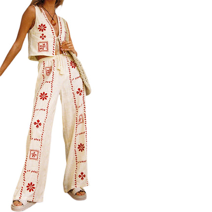 2026 Fashion New Women's Printed Set Independent Brand Artistic Retro Sleeveless Top and Wide-Leg Pants Two-Piece Set
