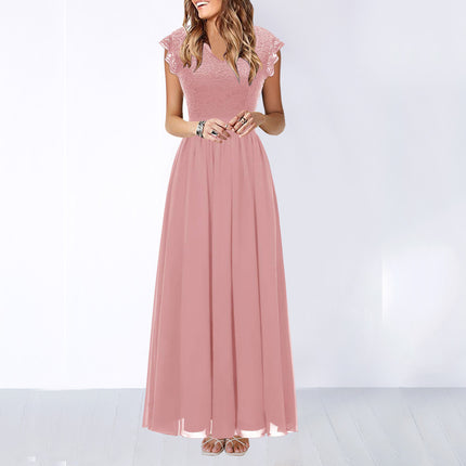 2022amazon summer sexy hollow V-neck large swing dress sleeveless lace stitching chiffon long dress
