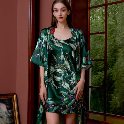 Cross-border printed nightgown suit women summer sexy ice silk middle sleeve plus size bathrobe silk bridal morning gown manufacturers wholesale