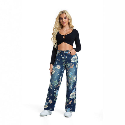 Printed Blue Denim Wide-Leg Pants 2025 Autumn New Thin Straight Long Vintage Pants Floor-Length Pants Women's Clothing