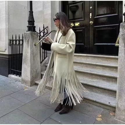 Amazon Cross-Border European and American Autumn and Winter Women's Clothing Foreign Trade British Style Woolen Outwear Tassel Decorative Extended Outwear
