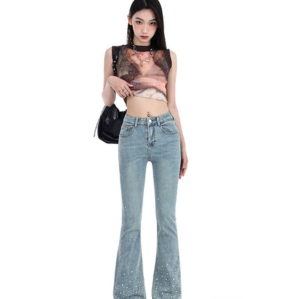 Trendy Heavy-Duty Rhinestone Fashion Flared Jeans for Women, 2026 Spring New Slim-Fit Floor-Length Bell-Bottom Pants