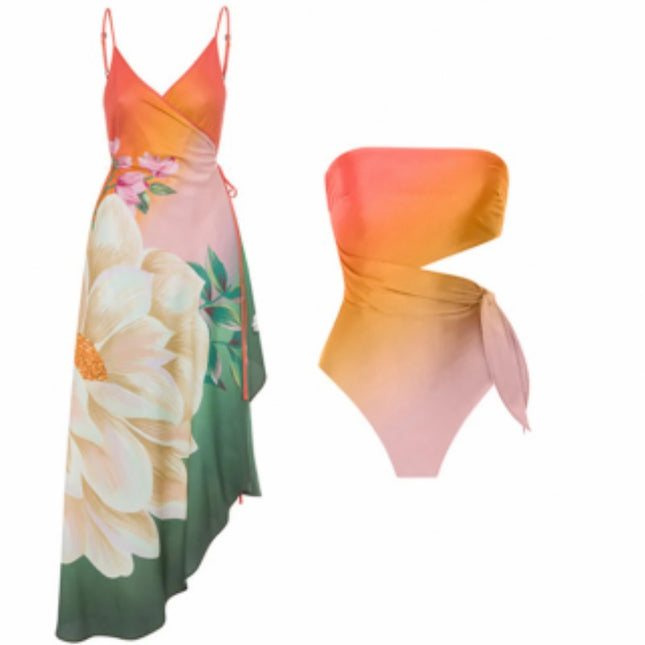 2023 New European and American French Retro Printed Swimsuit Women's Hot Spring Holiday Beach Dress Two-piece Swimsuit