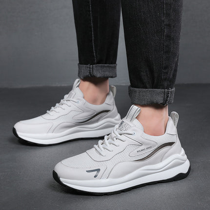 Genuine Leather Sports Shoes for Men, Summer Mesh Breathable White Sneakers, Versatile Thick-Soled Dad Shoes 1663 with Breathable Mesh