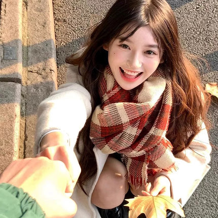 Factory new solid color haze blue scarf women's winter fluffy hair thickened students white students warm scarf