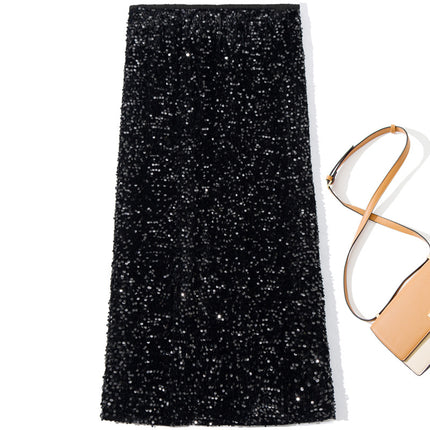 B1677 2025 Autumn New Fashion Sequin Stretch Bodycon Skirt, Figure-Flattering Back Slit Pencil Skirt