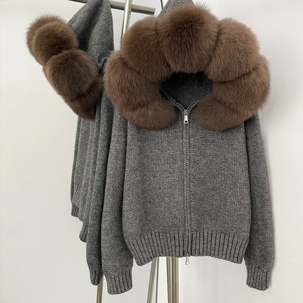 Spring 2025 Women's Gray Hooded Knit Cardigan Korean Style Loose Top