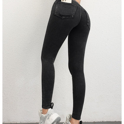 High Stretch Imitation Denim Yoga Pants Sports Fitness Pants Women's High Waist Tight Waist Hip Pants Running Exercise Outer Wear