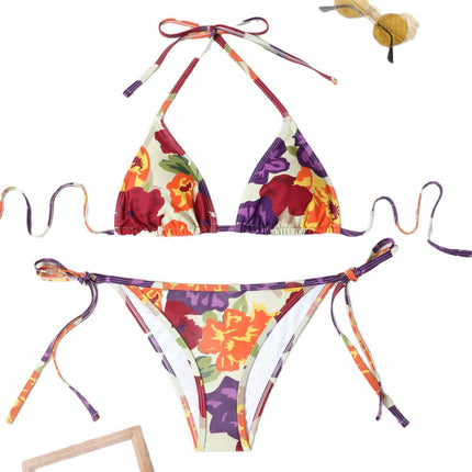 European and American 2025 New Fashion Floral Two-Piece Swimsuit High-Elastic Bikini Halter Neck Slimming Swimsuit