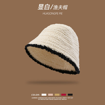 Color-Blocked Bucket Hat for Women, Trendy Knitted Hat, Spring and Autumn Korean Style, Versatile, Face-Slimming, Face-Covering Fisherman Hat