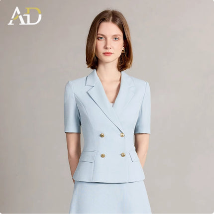Summer New Short-Sleeved Light Blue Professional Women's Skirt Suit Double-Breasted Suit Collar Office Manager Commuting Formal Wear