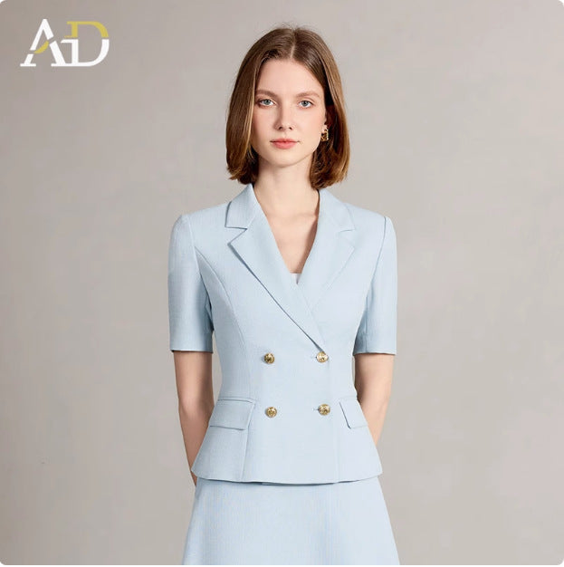 Women Blue Professional Skirt Suit Double-Breasted Office Commuting Viscose / Tailleur Jupe Femme Bleu Professionnel Double Boutonnage Bureau Viscose