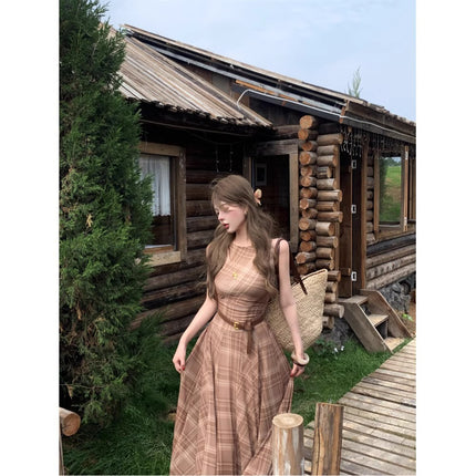 Vacation Style Contrasting Plaid Sleeveless Dress for Women, Summer Elegant Lady A-Line Skirt, Waist Slimming Look Long Skirt